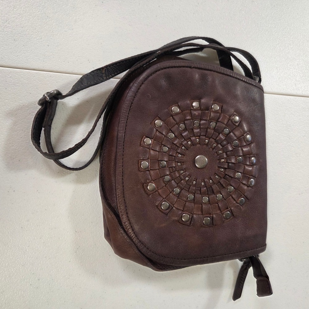 Valenca Holland Brown Leather Studded Woven Crossbody Bag Messenger Flap Purse